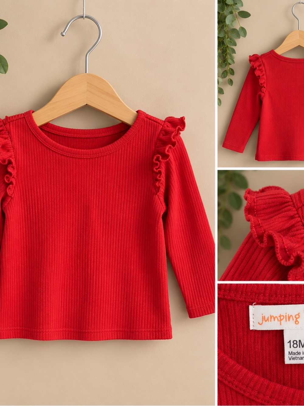 jumping beans Bright Red Ribbed Long Sleeve Top with Shoulder Ruffles